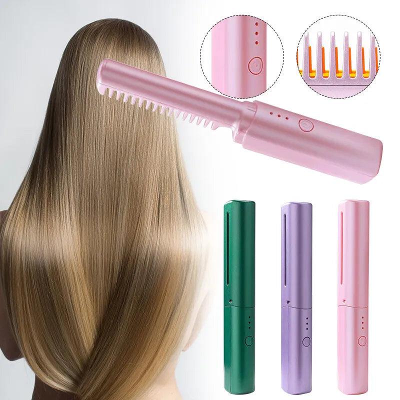 2in1 Professional Wireless Rechargeable Hair Straightener Curler Comb