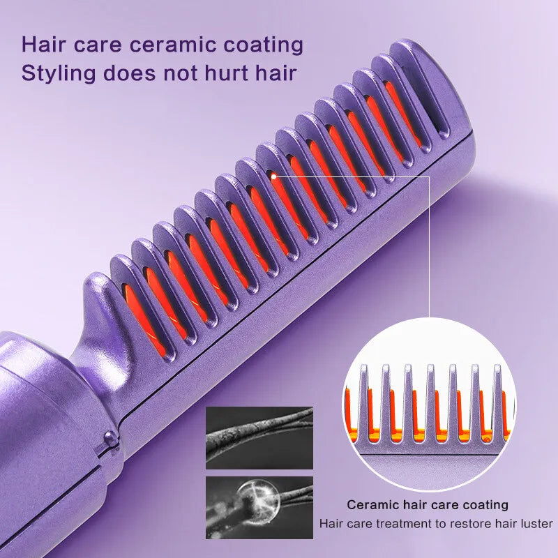 2in1 Professional Wireless Rechargeable Hair Straightener Curler Comb